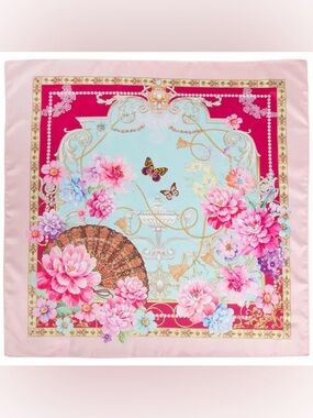 New 23.5” Floral Silk Scarf in Pink and Light Blue Square
